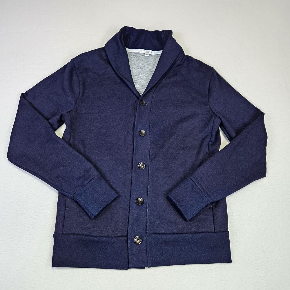 Gustin French Terry Cardigan Sweater Mens XL Navy Cotton Shawl Collar Pockets